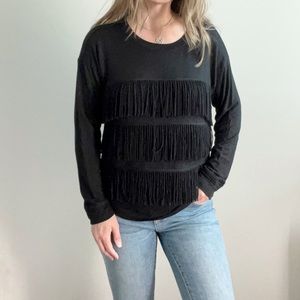 SOFT JOIE Barata fringe pullover top in black caviar size Small